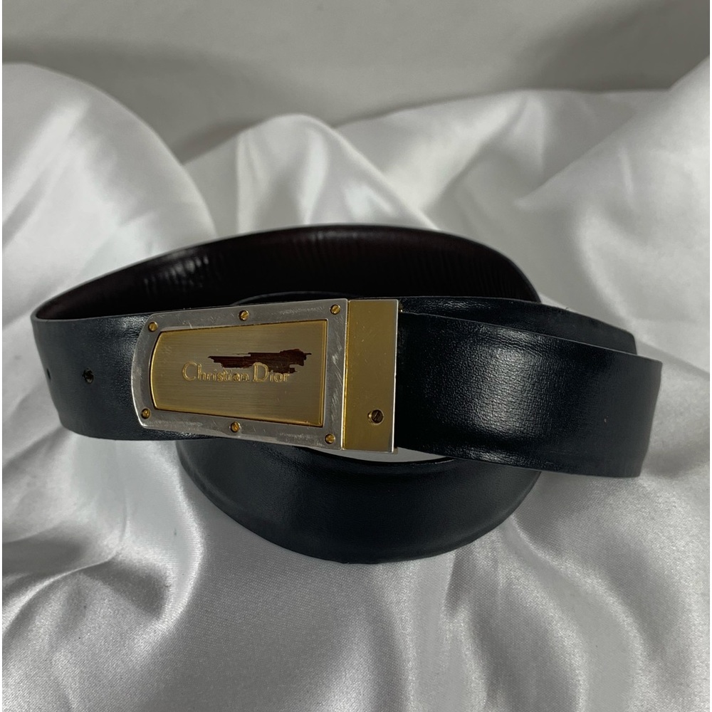Genuine vintage CHRISTIAN DIOR logo reversible black brown leather belt medium